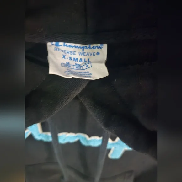 Champion Reverse Weave Black Hoodie XS Chenille Logo Pullover Sweatshirt - Picture 2 of 4